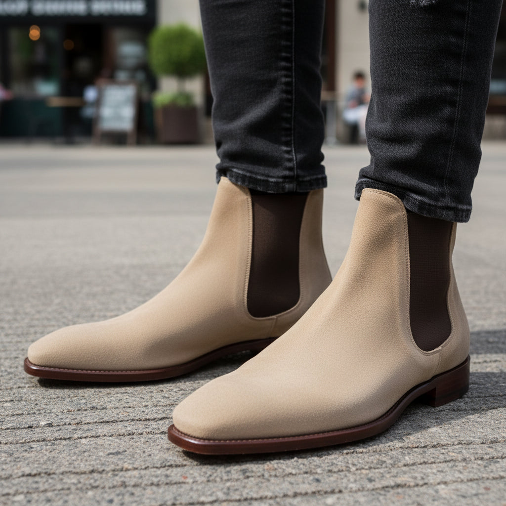 Men's Beige Suede Chelsea Ankle Boots - model-casual-setting