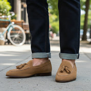 Men's Beige Suede Loafers - model-casual-setting