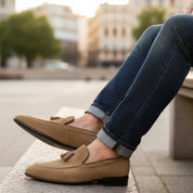 Men's Beige Suede Moccasins - model-casual-setting