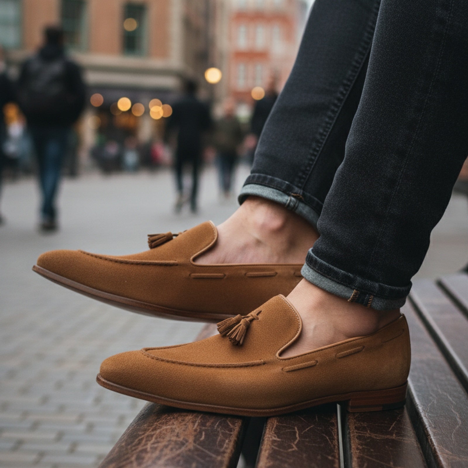 Men's Beige Tassel Moccasin Loafers - model-casual-setting