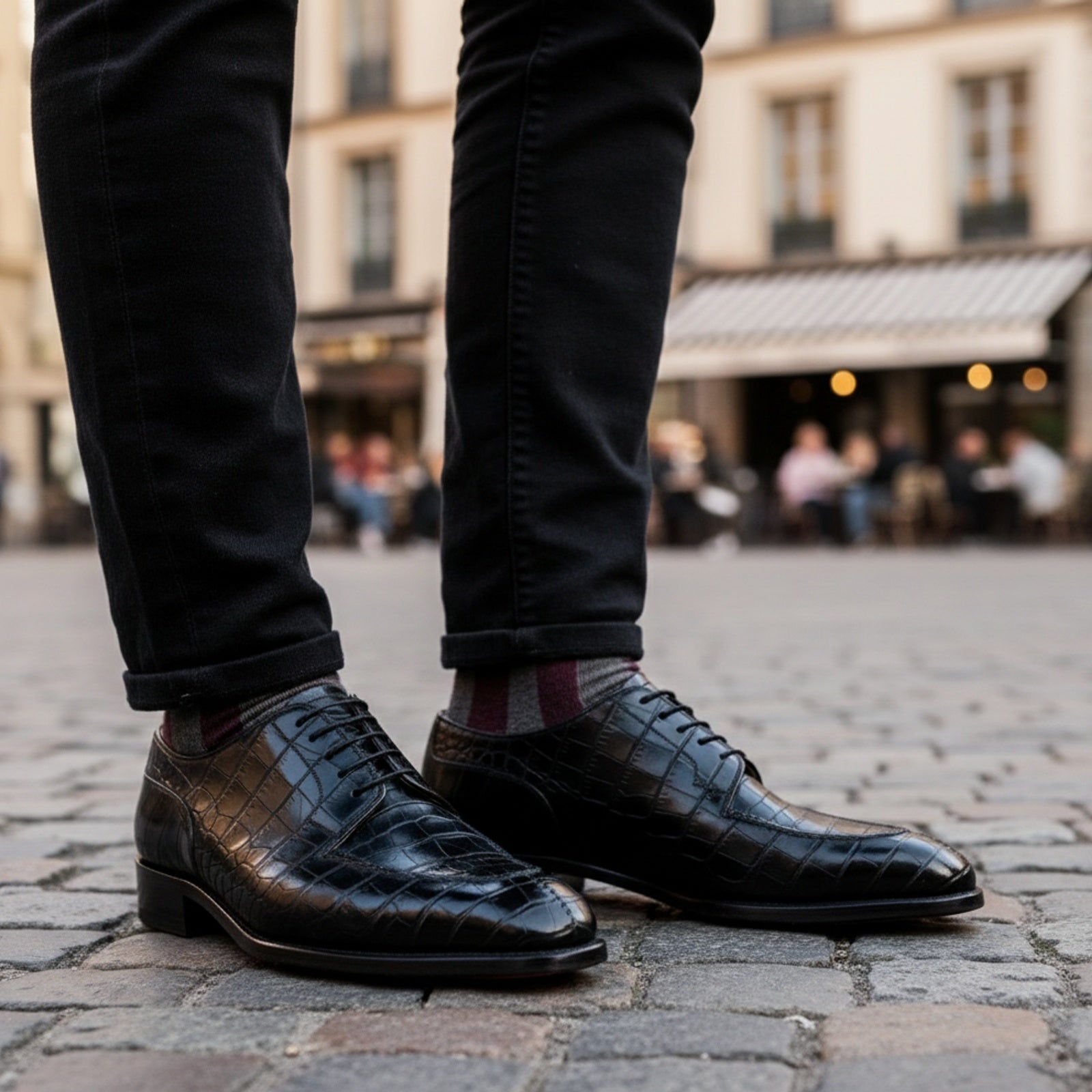 Men's Black Alligator Embossed Leather Dress Shoes - model-casual-setting