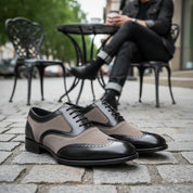 Men's Black and Gray Wingtip Brogue Tuxedo Dress Shoes - model-casual-setting