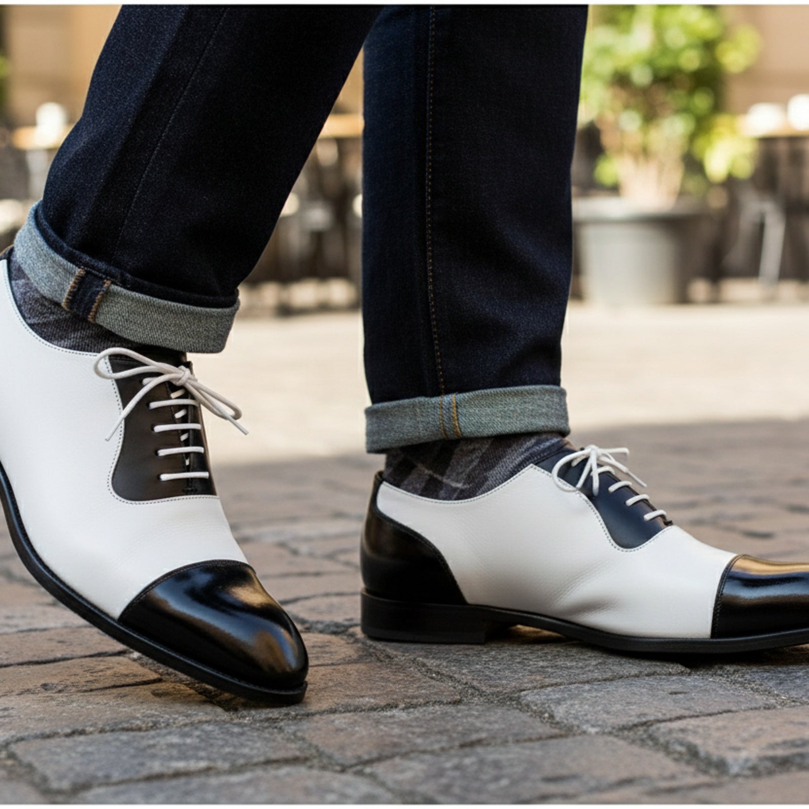 Men's Black and White Spectator Dress Shoes - model-casual-setting