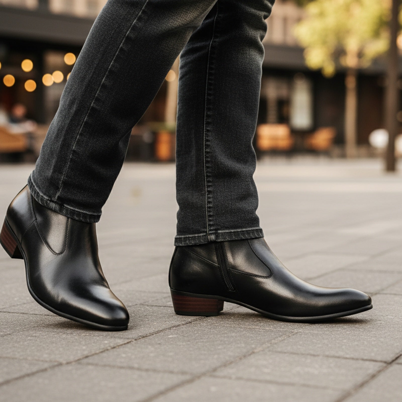 Men's Black Ankle Leather Boots with Side Zipper - model-casual-setting