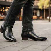 Men's Black Ankle Leather Boots with Side Zipper - model-casual-setting