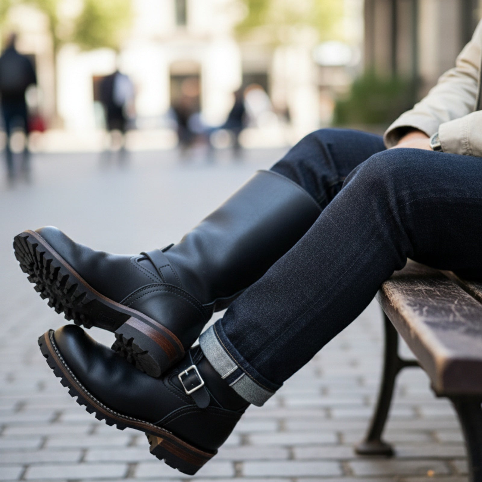 Men's Black Biker Leather Boots - model-casual-setting