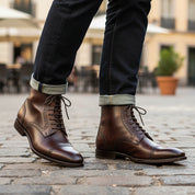 Men's Black Cap Toe Ankle Leather Lace-up Boots - model-casual-setting