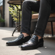 Men's Black Crocodile Embossed Leather Moccasins - model-casual-setting
