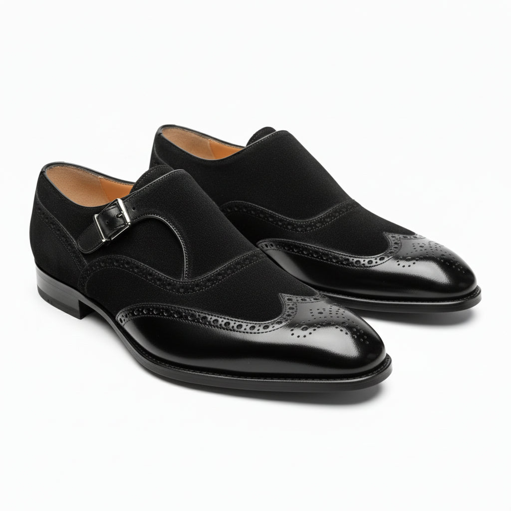 Men's Black Double-Buckle Monk Strap Leather and Suede Shoes - model-casual-setting