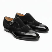 Men's Black Double-Buckle Monk Strap Leather and Suede Shoes - model-casual-setting