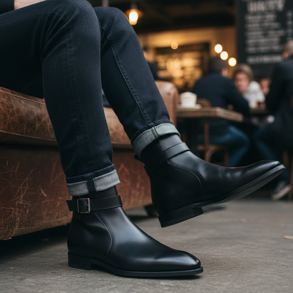 Men's Black High Ankle Leather Boots - model-casual-setting
