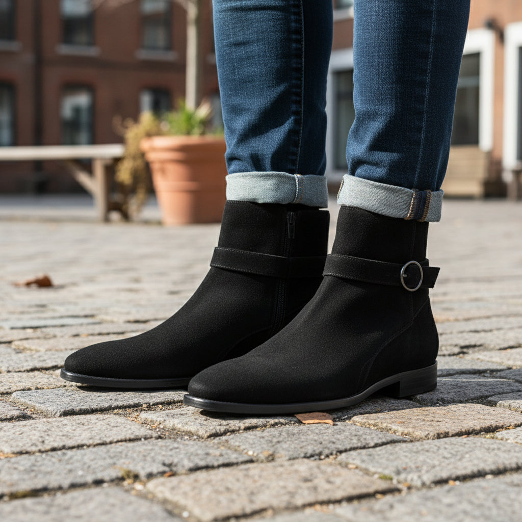 Men's Black Jodhpurs Ankle High Suede Boots - model-casual-setting