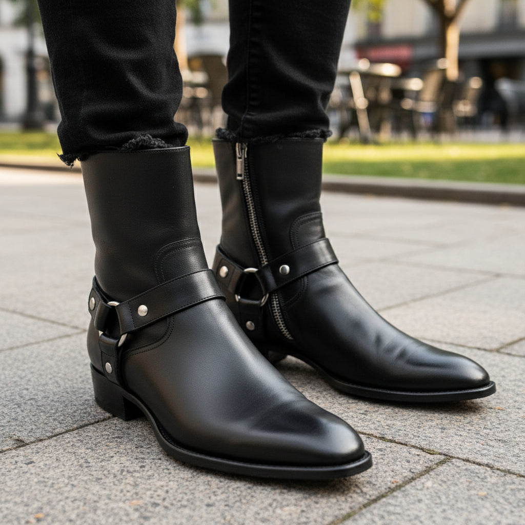 Men's Black Leather Ankle Boots with Side Zipper - model-casual-setting