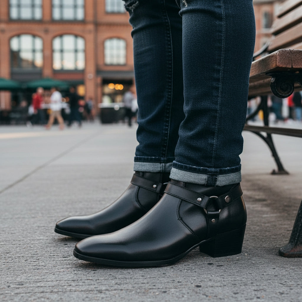 Men's Black Leather Ankle Designer Boots - model-casual-setting