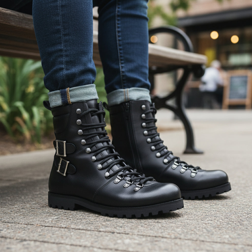 Men's Black Leather Biker Ankle Boots - model-casual-setting