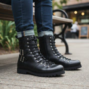 Men's Black Leather Biker Ankle Boots - model-casual-setting