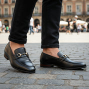 model-casual-setting - Men's Black Leather Buckle Loafers