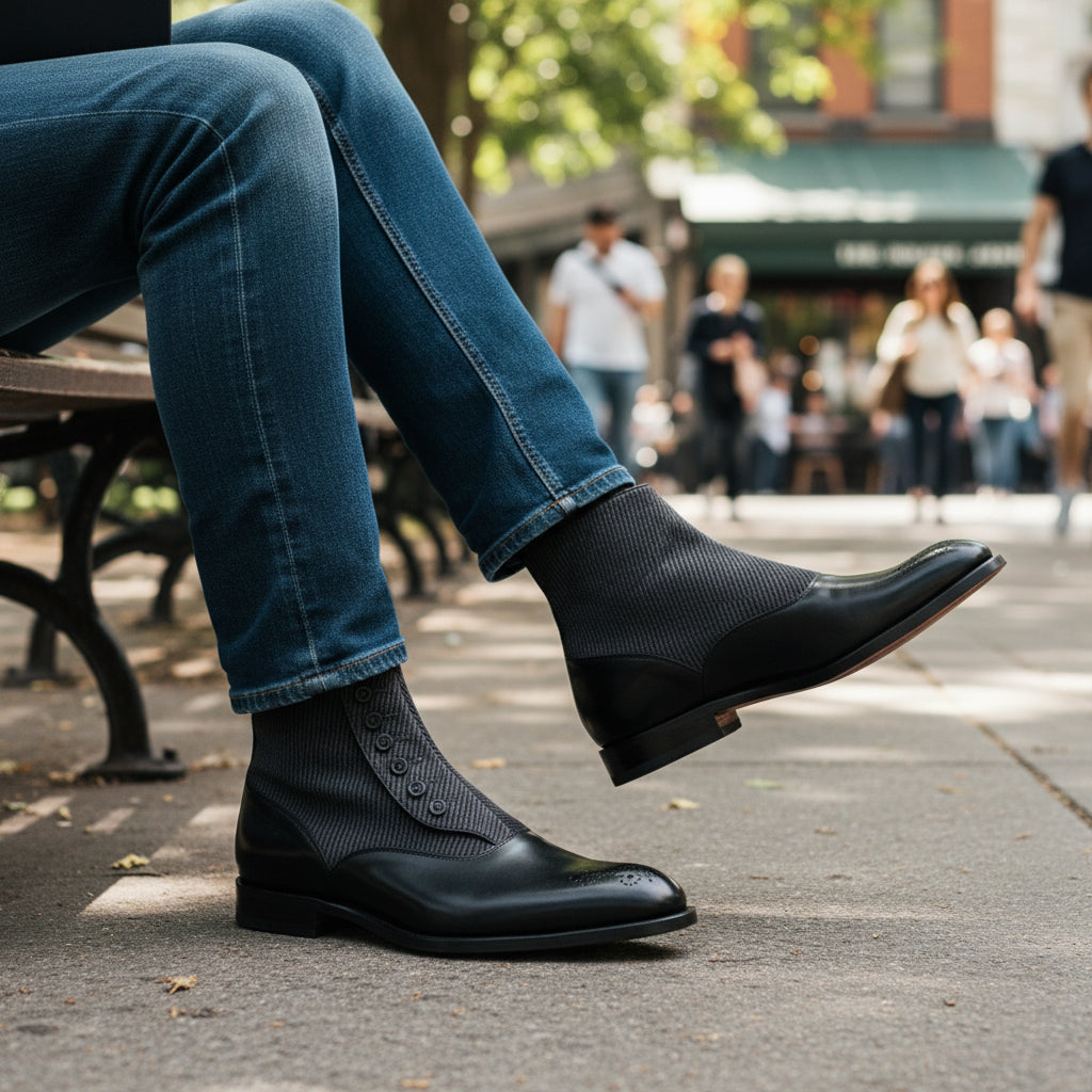 model-casual-setting - Men's Black Leather Button Boots with Two-Toned Design