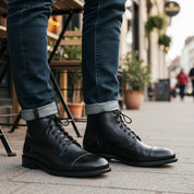 model-casual-setting - Men's Black Leather Cap Toe Ankle Boots