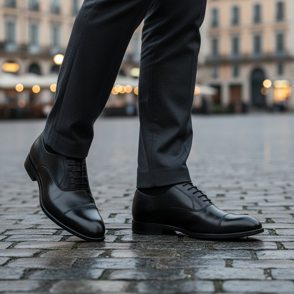 model-casual-setting - Men's Black Leather Cap-Toe Derby Shoes