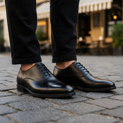 model-casual-setting - Men's Black Leather Cap-Toe Dress Shoes