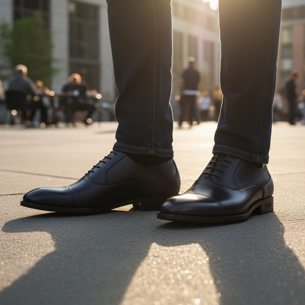 model-casual-setting - Men's Black Leather Cap Toe Dress Shoes