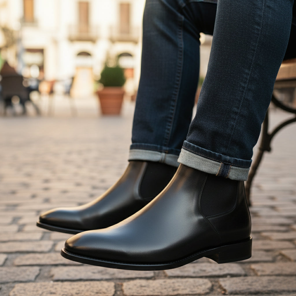 Men's Black Leather Chelsea Boots, Formal Ankle Boots - model-casual-setting