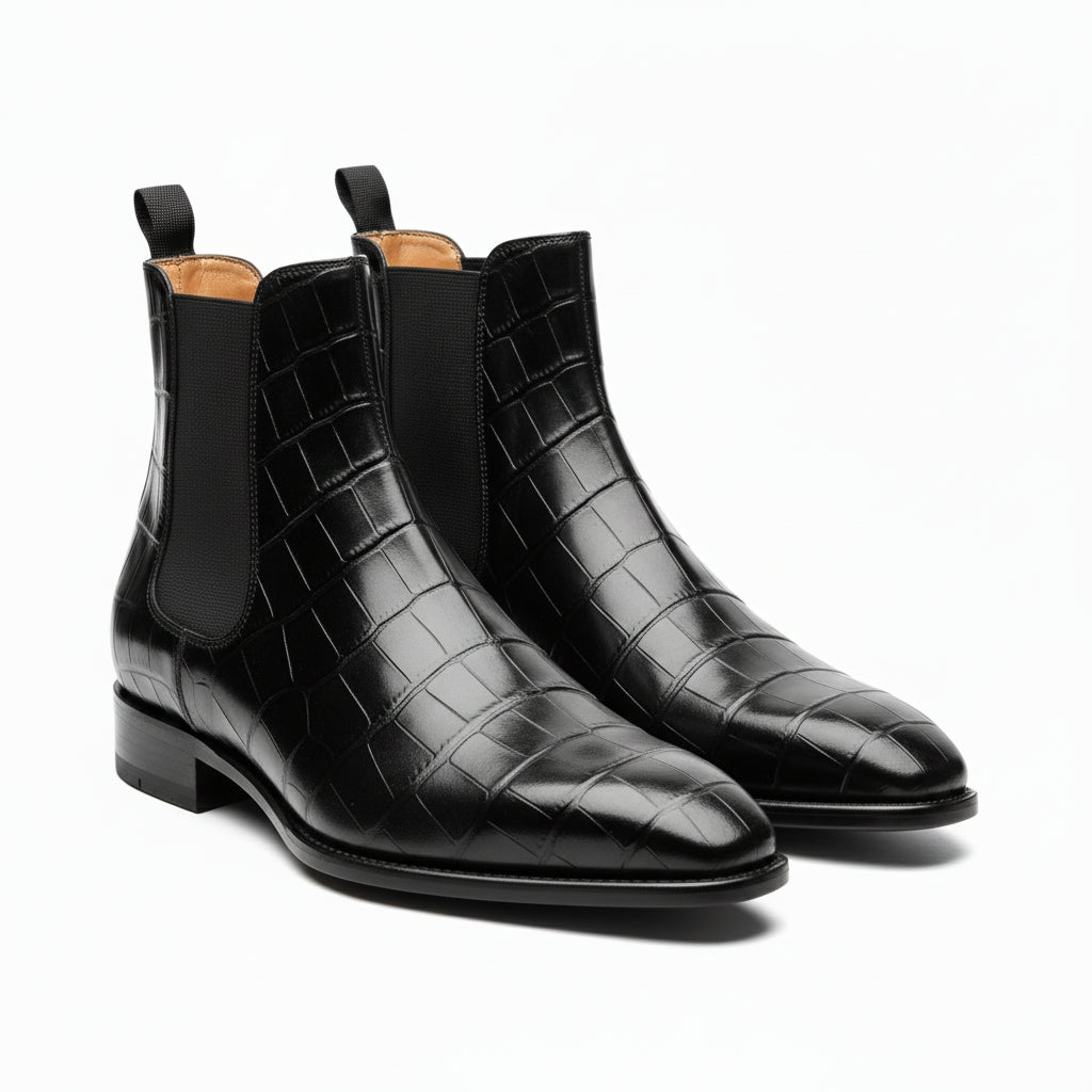 model-casual-setting - Men's Black Leather Chelsea Boots with Crocodile Print