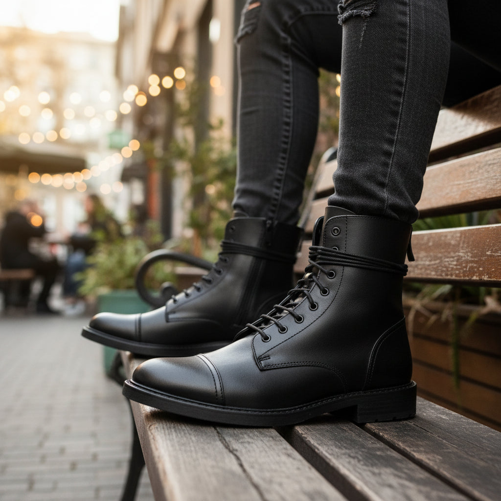 model-casual-setting - Men's Black Leather Combat Boots with Lace-Up Design