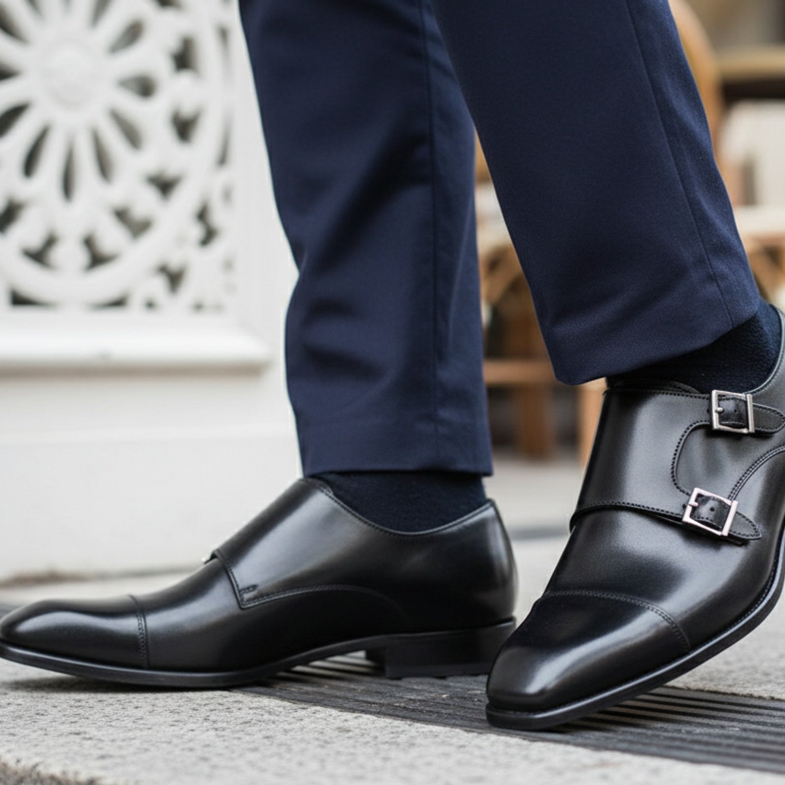 model-casual-setting - Men's Black Leather Double Buckle Dress Shoes