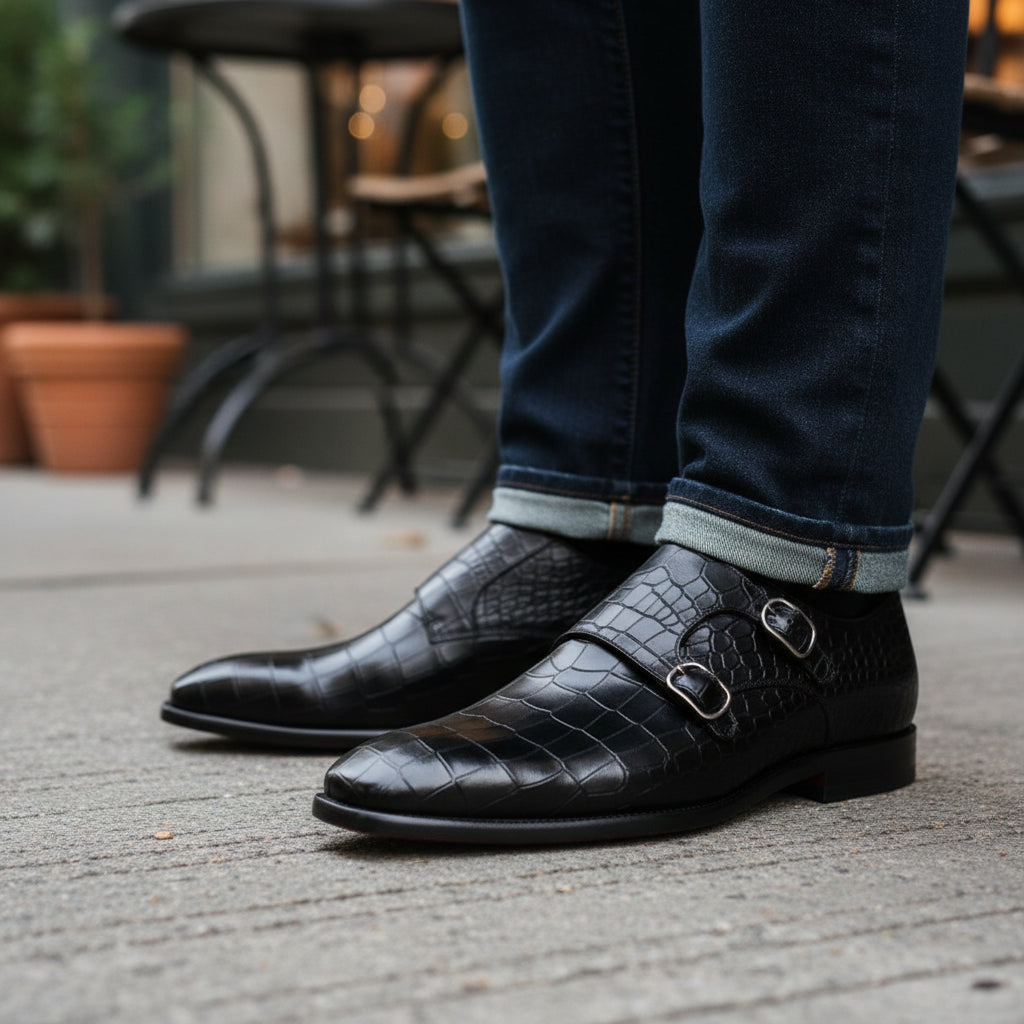 model-casual-setting - Men's Black Leather Double-Buckle Monk Shoes with Crocodile Pattern