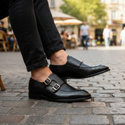 model-casual-setting - Men's Black Leather Double Monk Moccasin Shoes