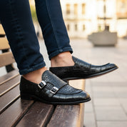 model-casual-setting - Men's Black Leather Double Monk Moccasin Shoes