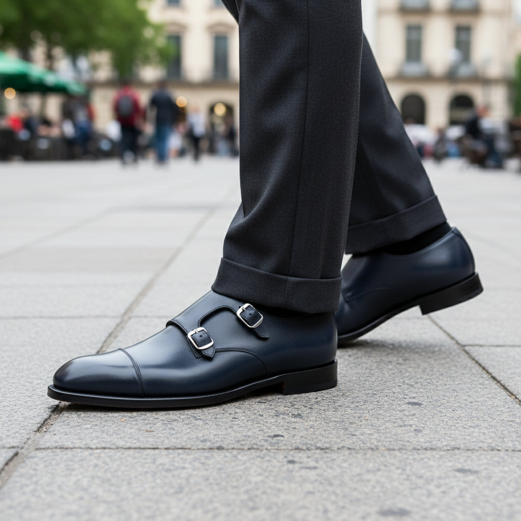 model-casual-setting - Men's Black Leather Double Monk Shoes