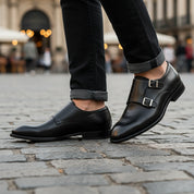 model-casual-setting - Men's Black Leather Double Monk Strap Dress Shoes