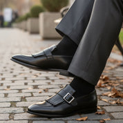model-casual-setting - Men's Black Leather Fringe Buckle Loafers