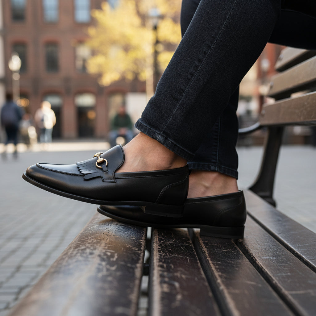 model-casual-setting - Men's Black Leather Fringe Loafer Moccasins
