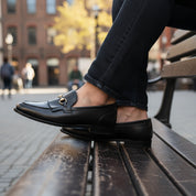 model-casual-setting - Men's Black Leather Fringe Loafer Moccasins