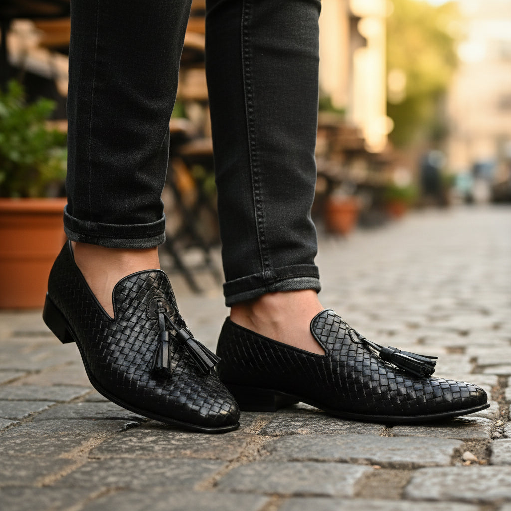 model-casual-setting - Men's Black Leather Knitted Dress Shoes