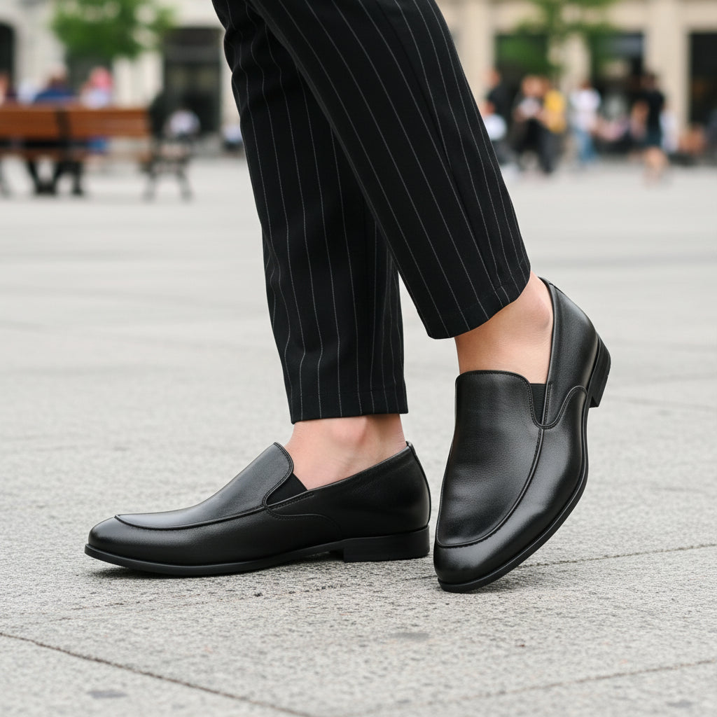 model-casual-setting - Men's Black Leather Moccasin Loafers