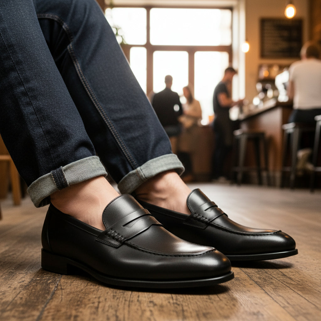 model-casual-setting - Men's Black Leather Moccasins with Customizable Fit