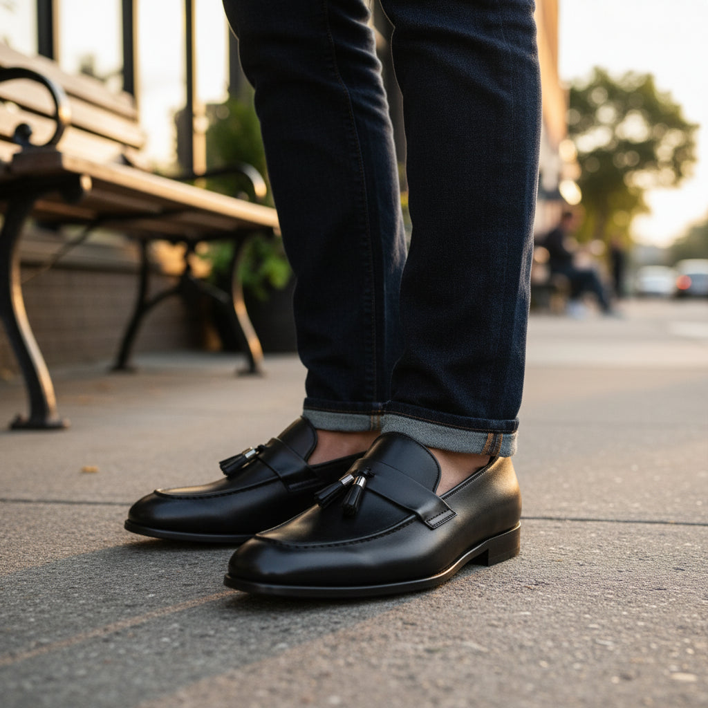 Men's Black Leather Moccasins with Tassels - model-casual-setting