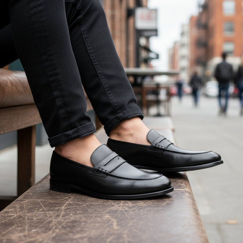 model-casual-setting - Men's Black Leather Moccasins