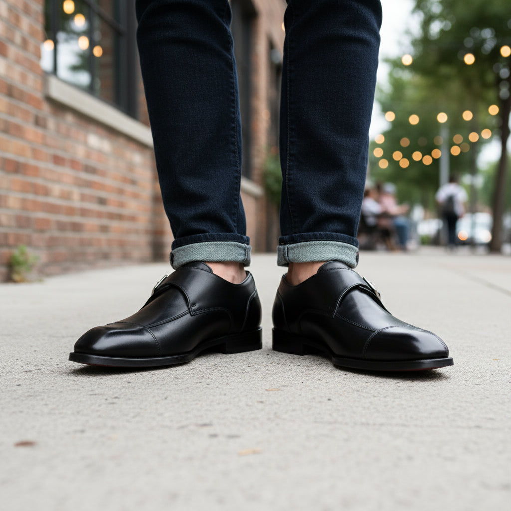 model-casual-setting - Men's Black Leather Monk Dress Shoes