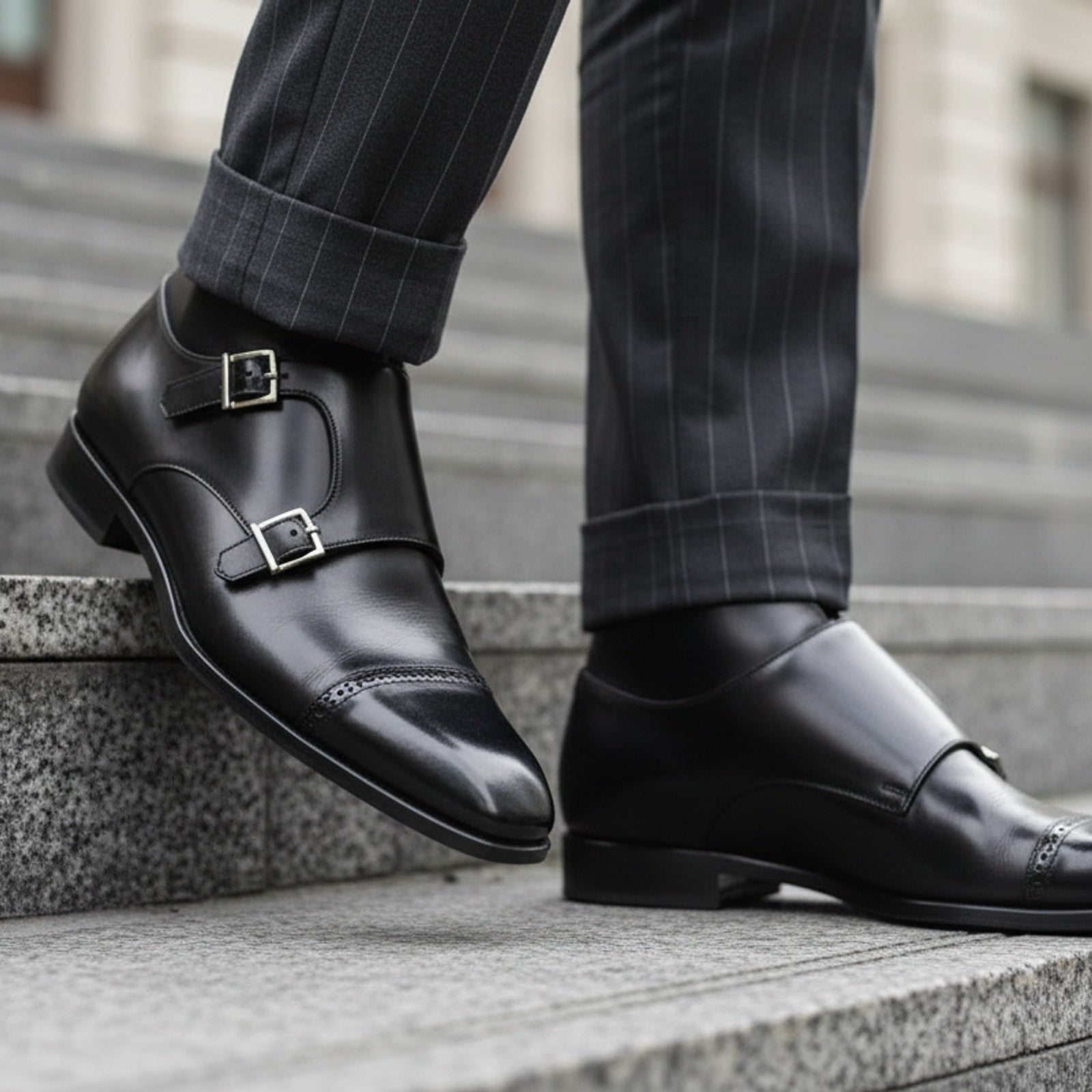 model-casual-setting - Men's Black Leather Monk Strap Shoes