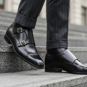 model-casual-setting - Men's Black Leather Monk Strap Shoes