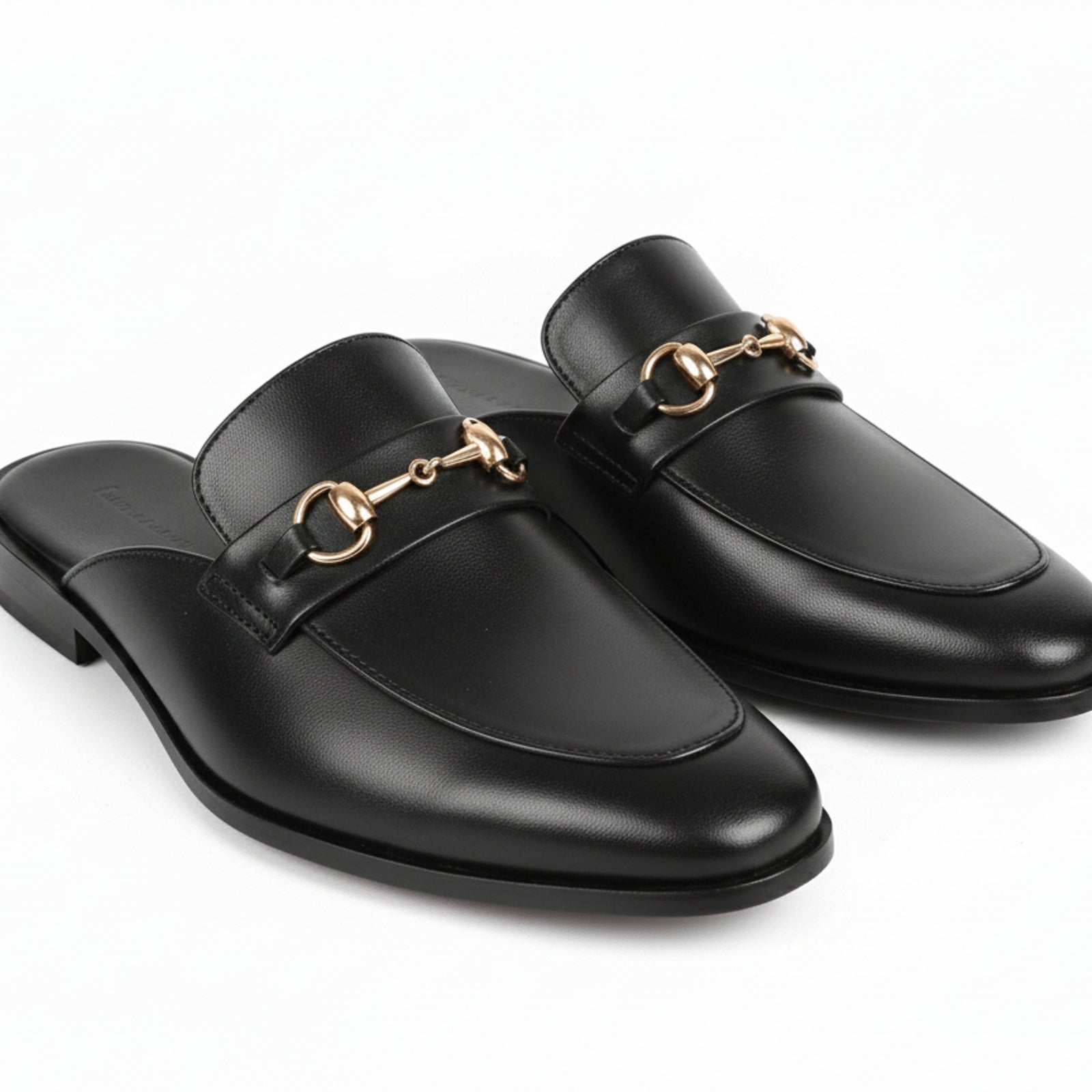 Men's Black Leather Mule Slippers with Flat Horsebit - model-casual-setting