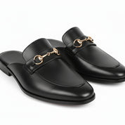 Men's Black Leather Mule Slippers with Flat Horsebit - model-casual-setting
