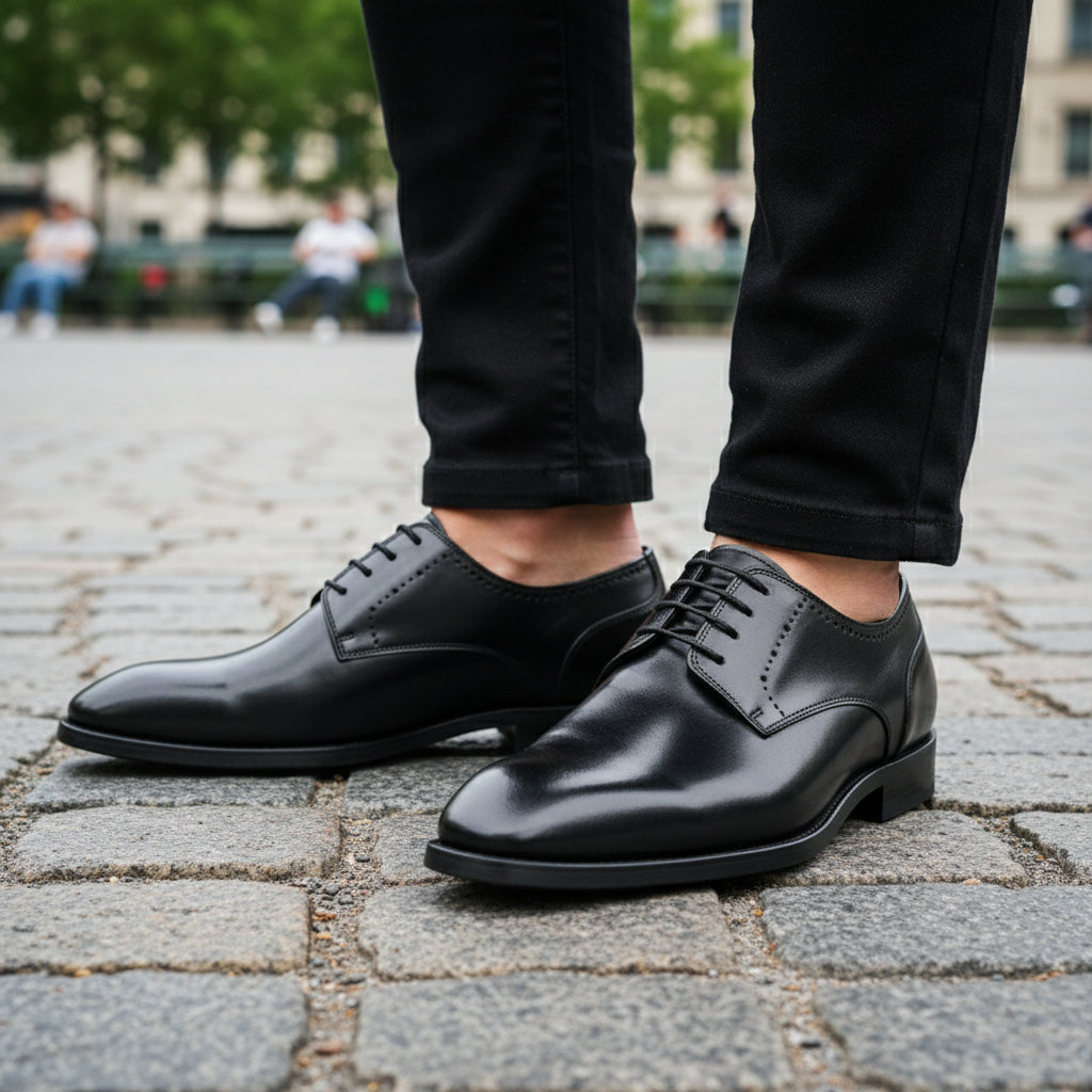 model-casual-setting - Men's Black Leather Oxford Dress Shoes with Lace-Up Closure