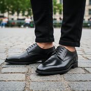 model-casual-setting - Men's Black Leather Oxford Dress Shoes with Lace-Up Closure